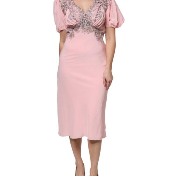 Ermanno Scervino Women's Pink Floral Lace Short Sleeves V-neck Midi Dress | Size: 14