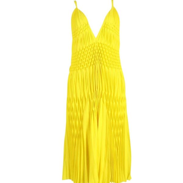 Haider Ackermann Women's Preloved Smocked V-Neck Dress in Yellow Polyester | Size: 38