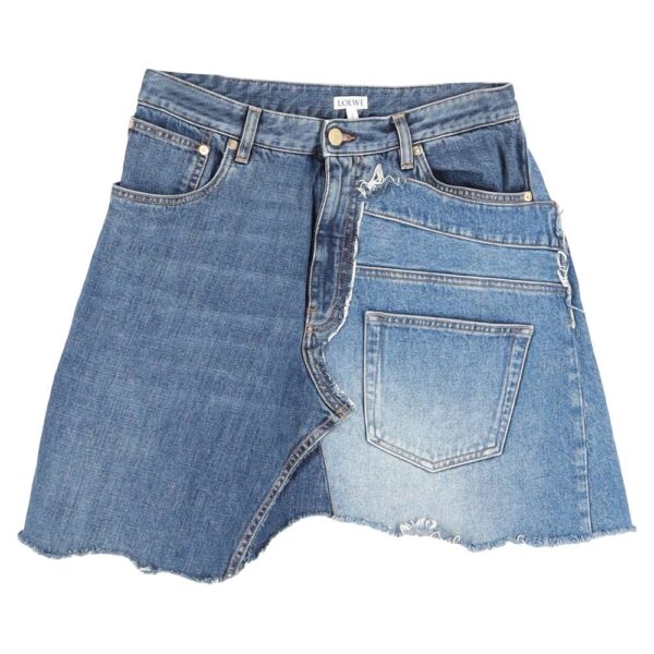 LOEWE Women's Preloved Patchwork Denim Skirt in Blue Cotton in Light Blue | Size: 40