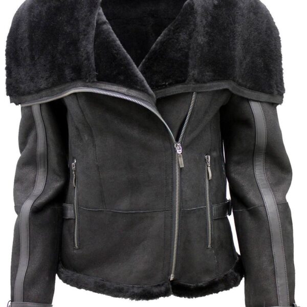 Infinity Leather Women's Merino Sheepskin Aviator Leather Jacket-Asmara in Black | Size: 22