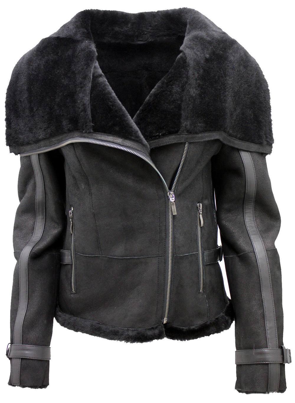 Infinity Leather Women's Merino Sheepskin Aviator Leather Jacket-Asmara in Black | Size: 22