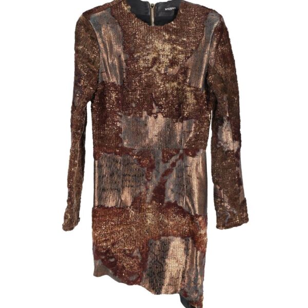 Balmain Women's Preloved Metallic Long-Sleeve Mini Dress in Brown Leather | Size: 38