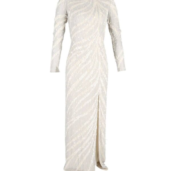 Jenny Packham Women's Preloved Long Sleeve Gown in Cream Sequined Polyester | Size: 34
