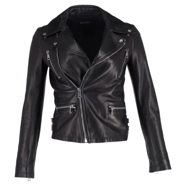 Gucci Women's Preloved Bird-Embroidered Biker Jacket in Black Leather | Size: 34