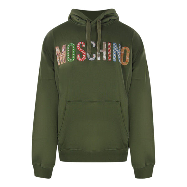 Moschino Mens Bold Embroidered Multicolour Logo Green Hoodie Cotton - Size Small