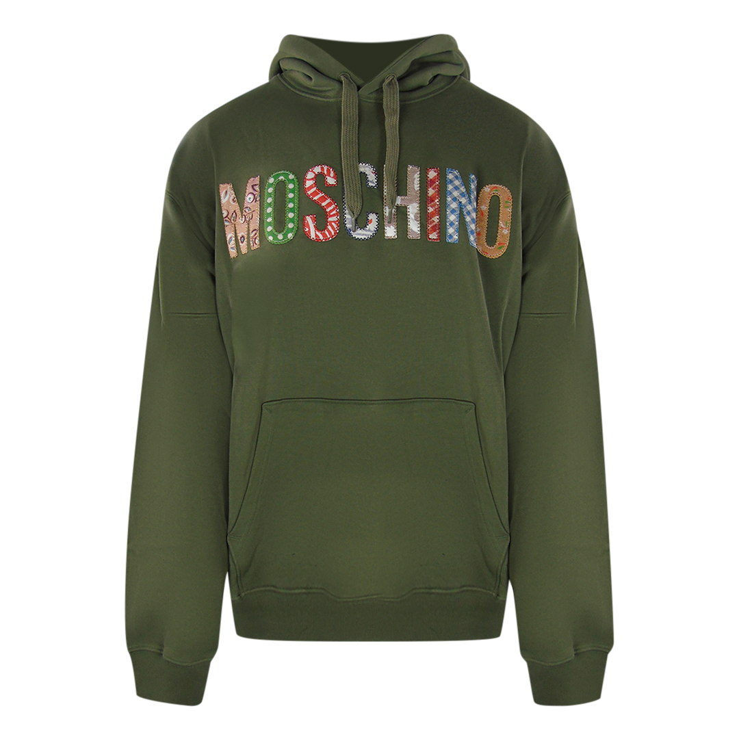 Moschino Mens Bold Embroidered Multicolour Logo Green Hoodie Cotton - Size Small