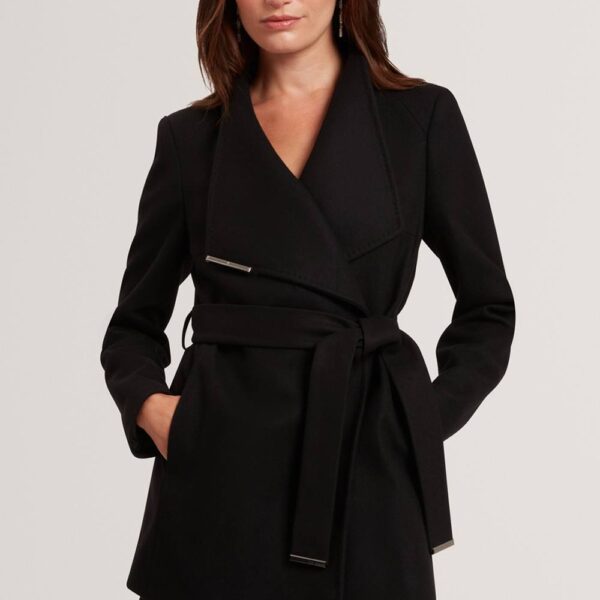 Debenhams Women's ROSESS Short Belted Wool Wrap Coat Black | Size: 10