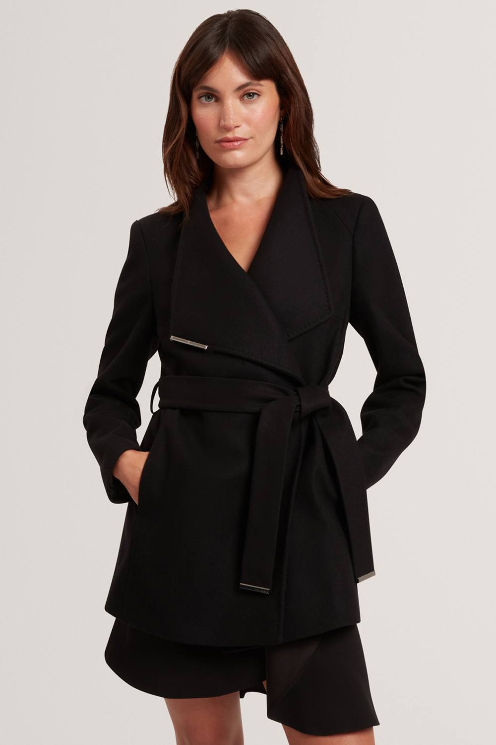 Debenhams Women's ROSESS Short Belted Wool Wrap Coat Black | Size: 10